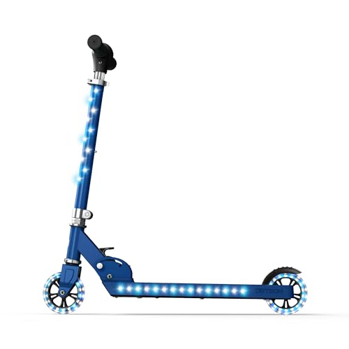 Jetson Scooters - Jupiter Kick Scooter (Blue) - Collapsible Portable Kids Push Scooter - Lightweight Folding Design with High Visibility RGB Light Up LEDs on Stem, Wheels, and Deck