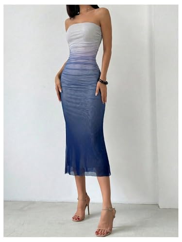 Image of GORGLITTER Women's Sunset Ombre Strapless Cocktail Bridal Shower Midi Dress | Orange Wedding Guest Dress, Mesh Tube Dress, Bridesmaid Dresses, Vacation Beach Sundresses,