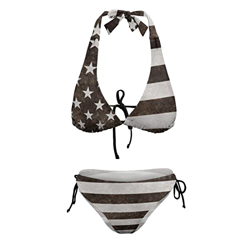 Image of Womens American Flag Bikini Swimsuit Sexy String Halter 2 Piece Triangle Bathing Suits