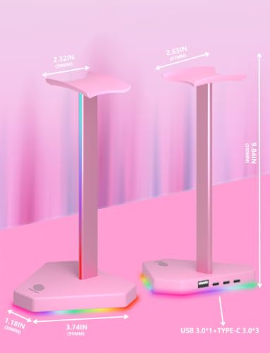 RGB Headphones Stand with 1 USB-C Data Transmission& 3 Type-C Charging Port, Desk Gaming Headset Holder with 7 Light Modes and Non-Slip Rubber Base (Black) - Image 7