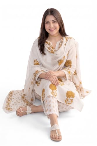Image of Nermosa Women's Hand Block Floral Printed Straight Kurta Set with Palazzo Pants & Dupatta Ethnic Kurta Set for Casual Outings Day Events Summer Wear Festive