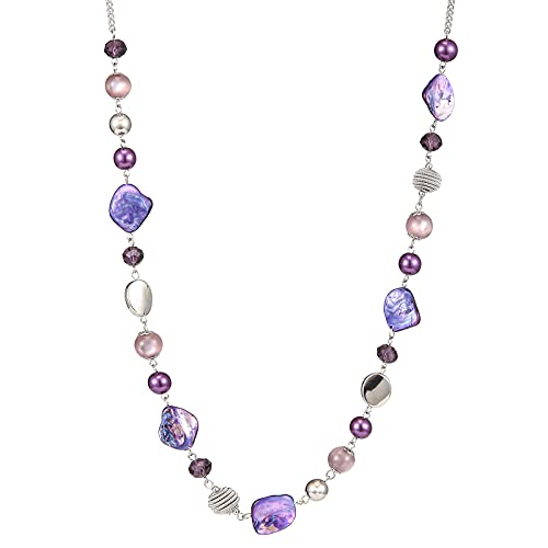 FULU AUTUMN Long Collier de Perles en Pierre pour Femmes Collier de Chaîne en Argent avec Cristaux de Coquillage Bijoux de Mode Cadeau Noël pour Maman(Purple)
