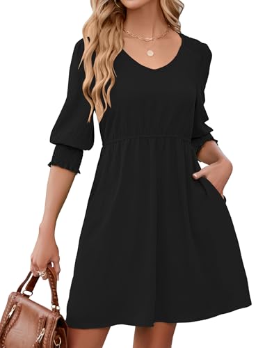 Womens Spring Summer Tunic Dress Short Sleeve V Neck Casual Loose Flowy Swing Mini Shift Dresses with Pockets