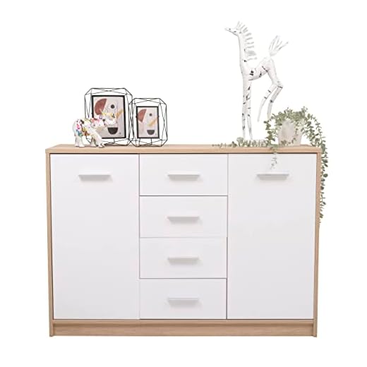 Homely - Mueble aparador para Comedor, salón o Cocina KENTO, Color cambrián y Blanco, Cuatro cajones y Dos Huecos con baldas Laterales, de 118,5x34x84 cm