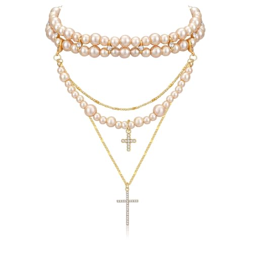 Layered Pearl Necklace Statement Y2k Pearl Cross Necklace Stacked Rhinestone Pearl Necklace for Women (Gold)