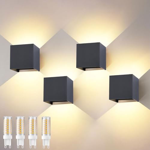 wisdom line Applique da Esterno/Interno 4 Pezzi, Lampada Parete LED 9W 3000K Bianco Caldo, IP65, G9 Incluse, Antracite, per Giardino, Terrazzo