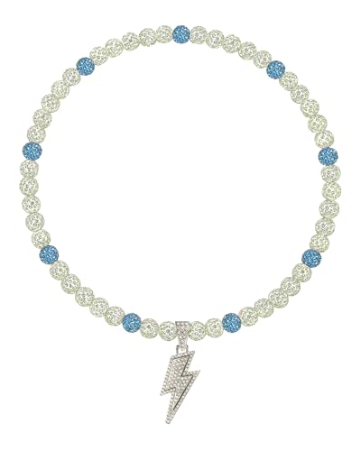 NUSTTAL Baseball Necklace for Men 20 Inch Bling Ice Collection Lightning Bolt Pendant Necklace for Women Rhinestone Clay Beaded Discoball Accessories Gifts for Baseball Team Players Lovers-White/Blue