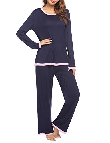 Ekouaer Womens Cotton Long Sleeve Sleepwear Two Piece Pajamas Set, Navy Blue(5374), Small