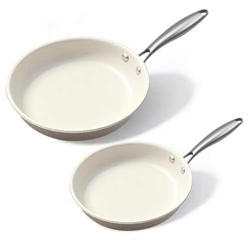 8.5 Inch and 10.25 inch Ceramic Nonstick Frying Pan Skillet - PFAS-Free, Non-Toxic, Oven Safe & Induction Ready, Aluminum Cookware with Stainless Stee