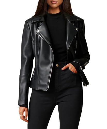 Women Leather Jacket, Buttery Soft Faux Leather Motorcycle Moto Biker Short Jacket, Stretchy Sleeve Asymmetrical Stylish Coat