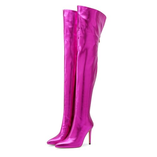 Over The Knee High Boots for Women, Pointed Toe Stiletto Heel Zippered Thigh Boots Metallic Patent Leather Fashionable Large Size Boots Heel Height 11CM