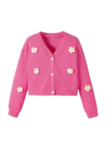 Girl's Floral Appliques Sweater Button Down Long Sleeve Knit Cardigan Cute Outwear