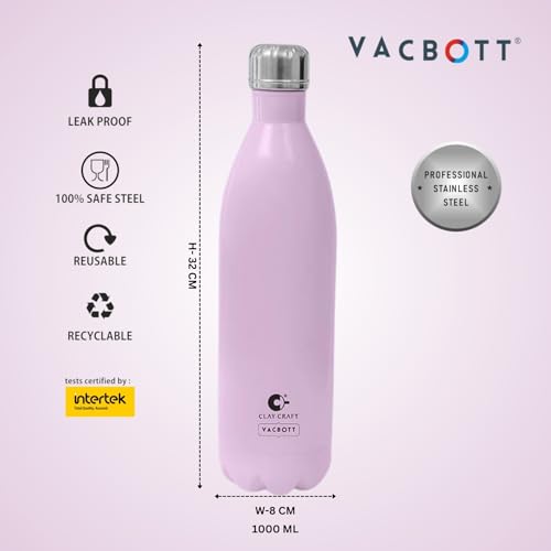 Image of CLAY CRAFT VACBOTT Stark Double Walled 18 Hours Hot and 24 Hours Cold Water Flask Bottle-1000ML, 2-Piece(Blush Pink) Leak Proof|Easy to Carry|Gym Bottle|Home|Kitchen|Hiking|Travel Bottle|BIS Certified