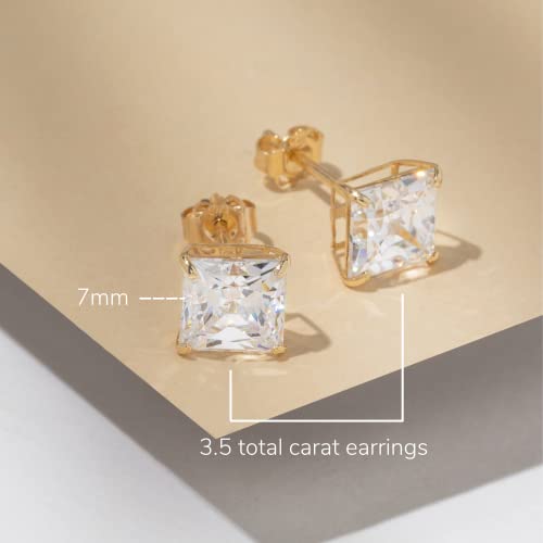 14K Yellow Gold Princess Cut Swarovski Cz Stud Earrings For Women & Men | Cubic Zirconia Earrings Studs With Gold Earring Backs | Square Earrings For Men | 3.5 Carats Total | By Max + Stone #TOP2