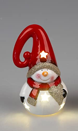 formano Schneemann Deko Figur aus Keramik LED Licht mit roter Zipfelmütze 14cm Winterzeit