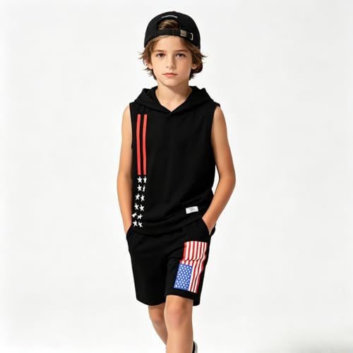 Image of Size 6-12 Years Boys Summer Clothes Hooded Sleeveless Tank Tops Workout Shorts 2 Piece Set Fashion Outfits