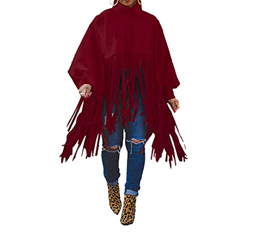 Womens Pullover Fringe Sweatshirt Tops Loose Long Sleeve Mock Neck Tassel Shawl Wrap Jacket Streetwear