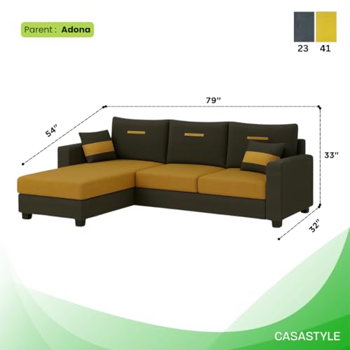 Image of CASASTYLE Dreamon 4 Seater Fabric LHS L Shape Sofa Set (Yellow-Dark Grey) | Velvet Finish | Comfortable Sectional Sofa for Living Room
