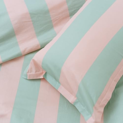 Image of Haus & Kinder Double Bed Bedsheet 90 x 100 | 186 TC Pure Cotton Bed Sheet Double Bed with 2 Pillow Covers | Queen Size Bed Sheet | Nagomi Stripe Harmony & Tranquility