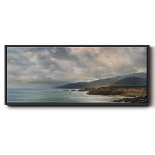 Renditions Gallery Framed Canvas Wall Art Coastal Landscape with Cloudy Sky Floater Framed Wall Hanging Decoration for Bedroom Office Lobby Lounge - 8"x20" Black Frame LT611