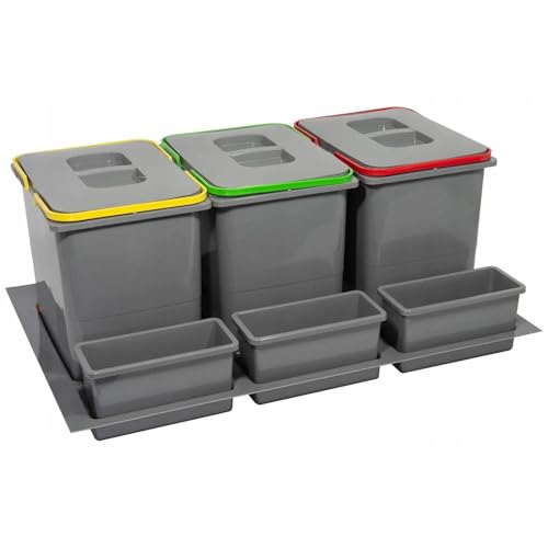 REJS Système de tri sélectif de cuisine pour armoire de 80 cm, 3 compartiments, 3 x 20 l, avec couvercle et poignée, collecteur de déchets encastrable pour tiroirs, poubelle de cuisine, kit de tri des