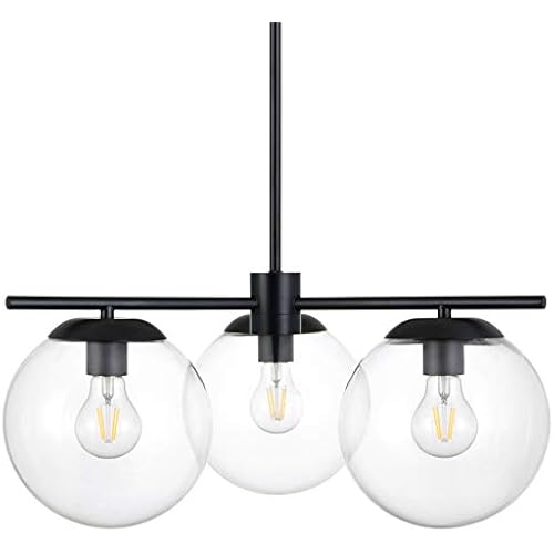 Linea di Liara Caserti Mid Century Modern 3 Light Chandelier - Black W/ Clear Glass Globe Hanging Chandeliers - Kitchen & Dining Ceiling Lighting Fixtures