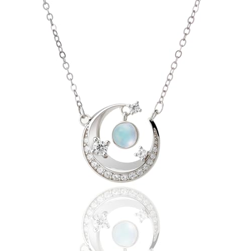 HUACAI Diary 925 Sterling Silver Necklace with Moonstone for Women Ladies - Perfect Chain for Romantic Dates, Parties, and Daily Wear - Jewellery Set Gift (Blue Moon-A)