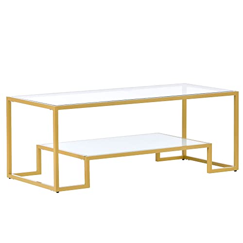 ON-Trend Modern, Minimalist Design Living Room Coffee Table, Metal with Stained White Tempered Glass, 2-Tier Sofa Cocktail Tables, Gold (Gold)
