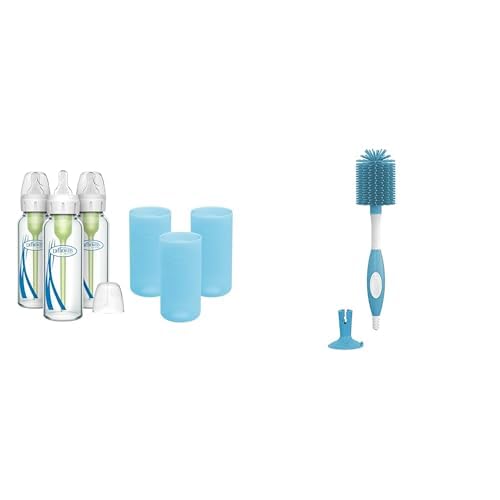 Dr. Brown's Anti-Colic Options+ Narrow Glass Baby Bottles 8oz and Level 1 Slow Flow Nipple, 3-Pack 0m+ and Blue Silicone Sleeves and Soft Touch No Scratch Baby Bottle Cleaning Brush, Blue