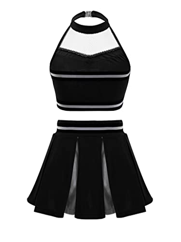 Moggemol Kids Girls Cheerleading Costume Outfit Tank Tops With Pleated Mini Skirt Set Schoolgirls Uniform Black,Mesh 14 Years #TOP1
