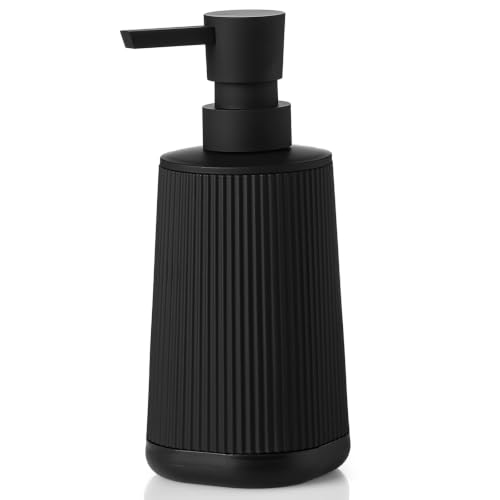Image of YAUKPH Small Soap Dispenser for Bathroom and Kitchen Black Silicone Base | Modern Farmhouse Striped Style Plastic Hand Soap Dish Soap Dispenser with Pump
