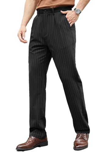 Stripes Dress Pants for Men's Classic Fit Business Pleat Front Trousers