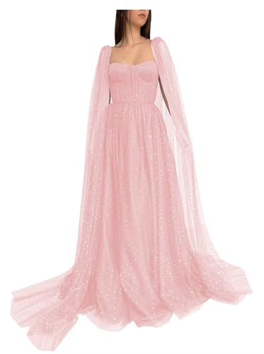Sparkle Starry Tulle Prom Dresses with Cape Long Ball Gowns Sweetheart A-line Formal Evening Gowns with Pockets