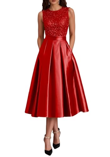 CWOAPO Satin Mother of The Bride Dresses Tea Length Sleeveless Sparkly Sequin A Line Formal Cocktail Dress with Pockets