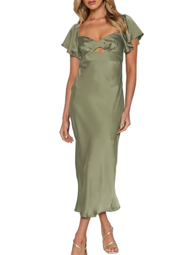 Image of Summer Satin Flutter Sleeve Wedding Guest Dresses for Women Sweetheart Neckline Cutout Tie Back Midi Cocktail Dress