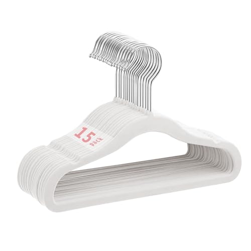MangoKit Kids Perchas de Terciopelo Antideslizantes para bebés,niños pequeños,Perchas para niños ultrafinas Que ahorran Espacio Gancho Giratorio de 360 Grados Robustas Paquete de 15 (28 cm,Blanco)