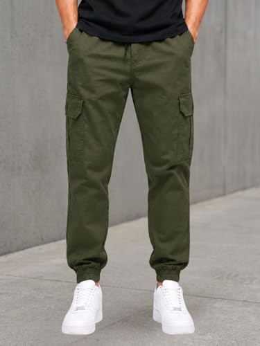 Image of Men's Cotton Cargo Pants | Cargo Trousers with Flap Buttoned Pocket | Elastic Waist Drawstring Casual Cargo Pants | Regular Fit Outdoor Travel Streetwear Bottom Wear