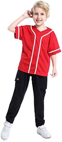 TOPTIE Boys Baseball Jersey, Kids Button Down Jersey T-Shirt Softball-Red White-4T
