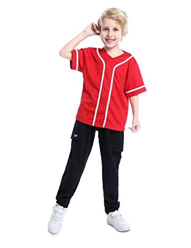 Toptie Boys Baseball Jersey, Kids Button Down Jersey T-Shirt Softball-Red White-4T #TOP12