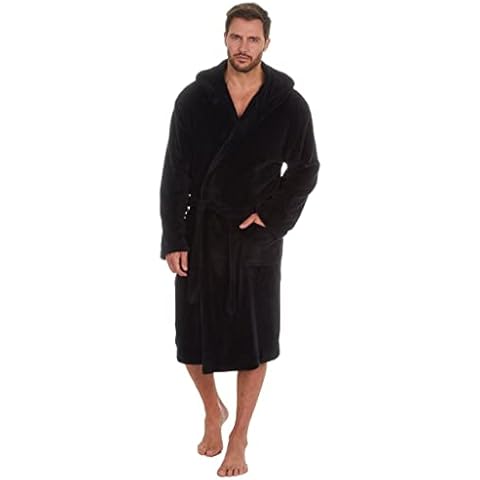Style It Up Mens Coral Fleece Dressing Gown Warm Soft Cosy Hooded Luxury Lounge Robe M-5XL (Black, L) Cover