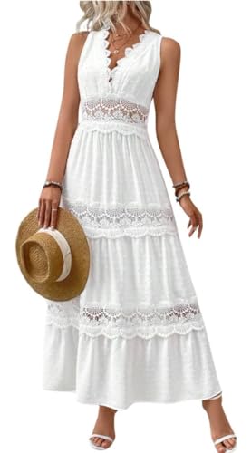 White Lace Maxi Dresses for Women Summer Embroidery V Neck Casual Hollow  Out Sleeveless Flowy Boho Long Dress (White,Small) at Amazon Women's  Clothing store