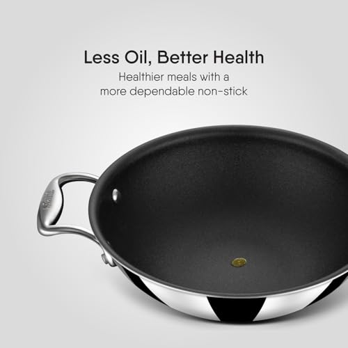 Image of Stahl Artisan Schild 2.4L, 24 cm Kadhai Triply Stainless Steel + PEEK-Reinforced Non-Stick Kadhai | Induction & Gas Compatible | with Glass Lid | Manufacturer Warranty