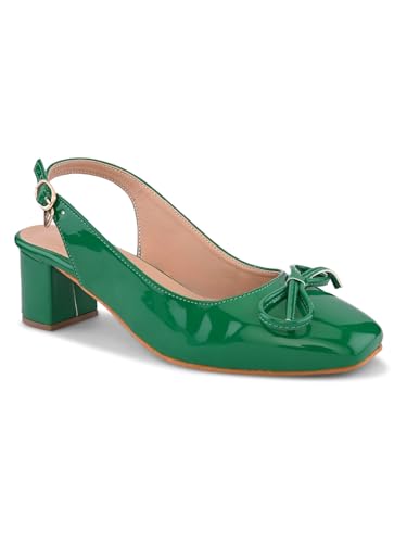 Image of XE Looks Women's Glossy Slingback Heels | Elegant Bow Design | Comfortable Square Toe Sandals for Girls & Women