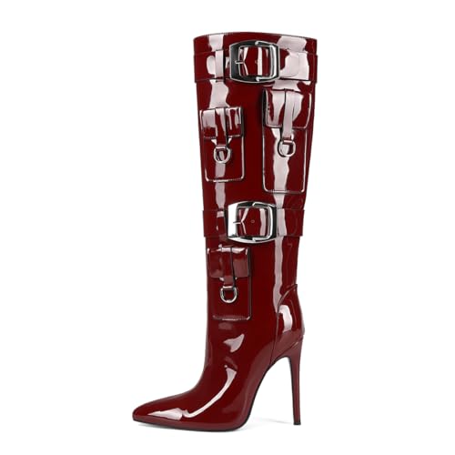 Knee High Boots Women Stiletto Heels Pointed Toe High Heel Fashion Boots Sexy Tall Boots with Buckle Straps for Party Date Office2