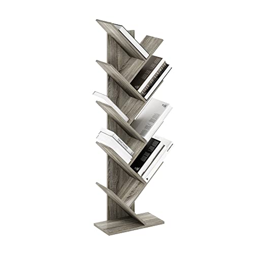 Image of Furinno TREE Book Shelf, 9-Tier Bookshelf, Tree Bookcase with Angled Open Shelf, 8.4 x 15.7 x 50.9, Corner Shelf for Room Decor, for Living Room, Bedroom, Home Office, French Oak