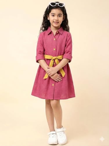 Image of A.T.U.N. (ALL THINGS UBER NICE) Girls 100% Cotton Shirt Dress with Belt | Solid Button-Down Dress with Collar Neck | Soft Breathable Kids Outfit for Girls