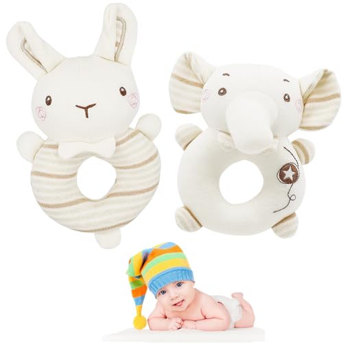 FenFang Sonajero Bebe Tela, 2 Piezas Juguetes Sonajero Bebe 0 3 6 9 12 Meses, Algodón Juguetes Sensoriales Educativos Muñeca de Peluche Suaves Regalo Bebe Recien Nacido Niño Niña, Elefante y Conejo