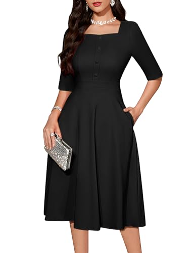 Bbonlinedress Schwarzes Kleid Damen Vintage Retro Rockabilly Kleider 3/4 arm midilang festliches Cocktailkleid Abendkleider elegant für Hochzeit...