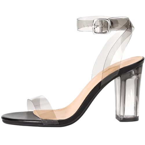 Image of ZriEy Clear Block Sandals Chunky Heels for Women 3.35 Inch Open Toe Adjustable Ankle Strap Pump Sandals for Weddings Parties Daily Wear