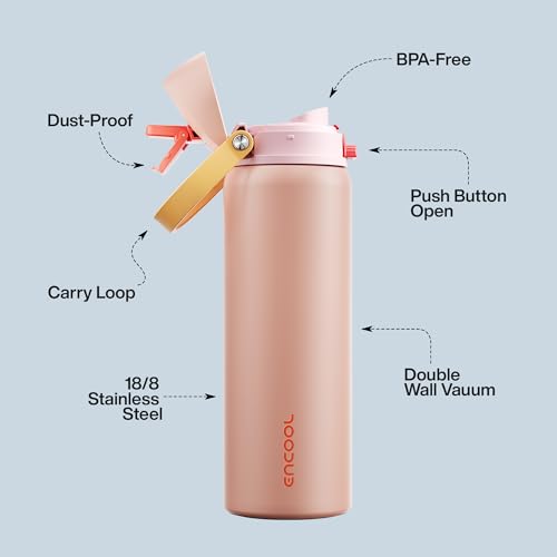 Image of Insulated Water Bottle with Straw - Encool Stainless Steel Water Bottle with Push Button Lid, Leak-Proof & BPA-Free, Keeps Cold for 24 Hours for Sports, Travel, Gym (32 oz, Pink Daisy-Red)
